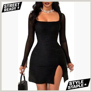 Long Sleeve Bodycon Mini Dress Mesh Square Neck Ruched Split Hem Party